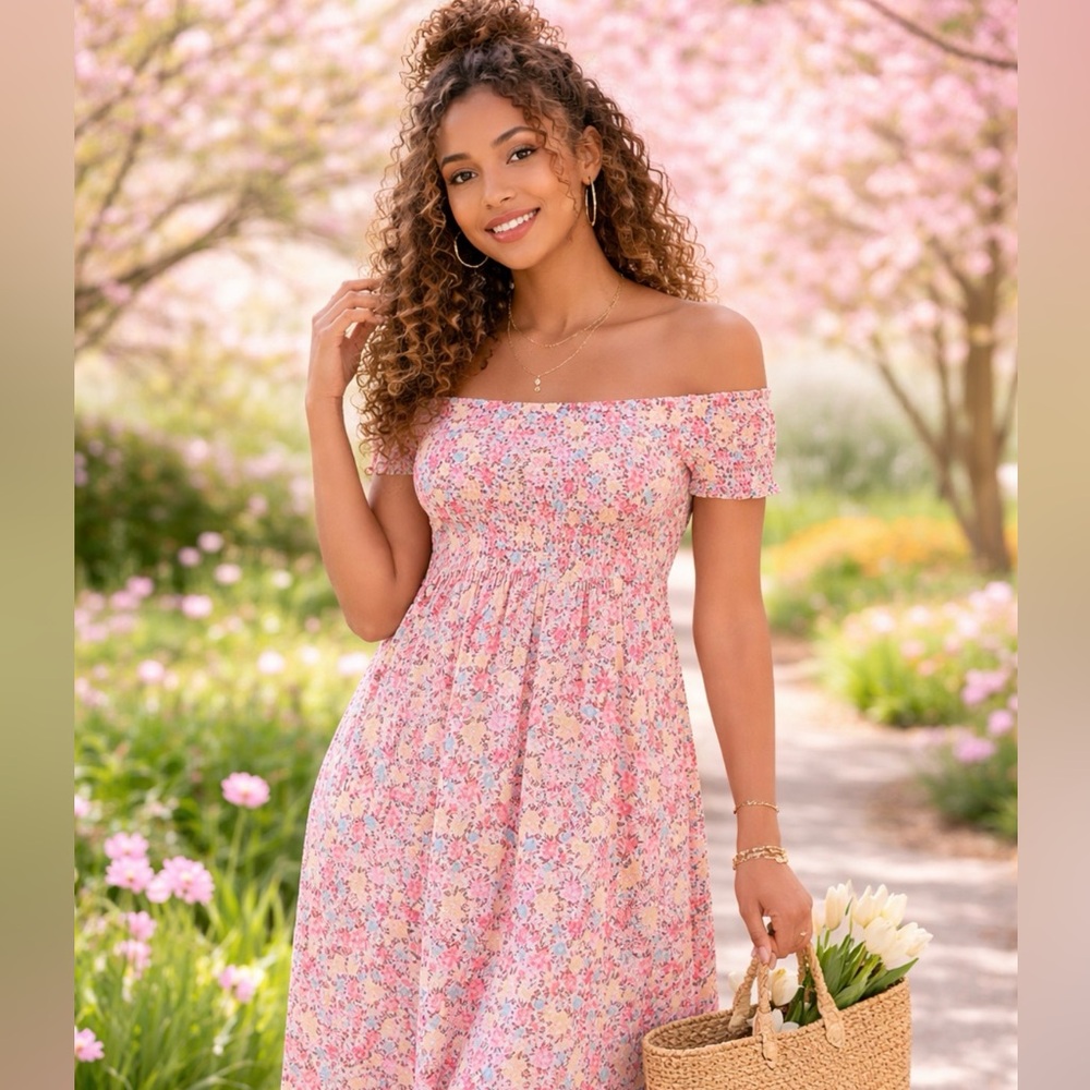 Pink Floral Off-The-Shoulder Boho Easter Maxi Dress | Size L (Juniors)